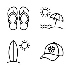 Fototapeta premium Summer beach icons: flip flops beach scene with umbrella and sun surfboard and cap line art white background