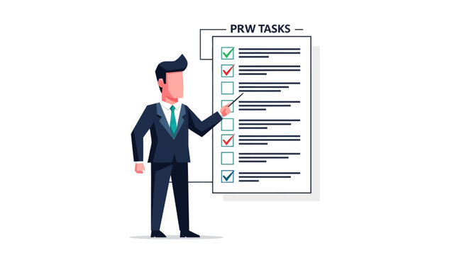 A businessman in a suit points to a large checklist titled "PRW TASKS" with various checked and unchecked items, representing task management and project progress.