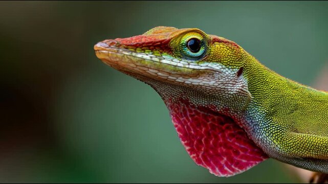 Vibrant Green Anole Lizard Displaying Its Striking Red Dewlap in a Close-up Profile Shot