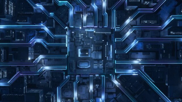 3D visualization: cellular biology cloud computing, chip activation emits light, cloud server data transmission, brain neural connections. Future AI medicine and biopharma research.