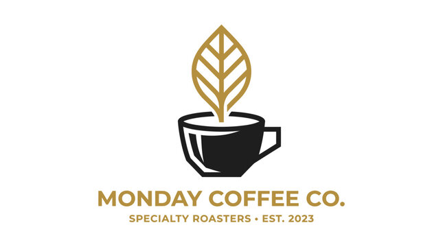 Coffee company logo features a cup with leaf icon and text
