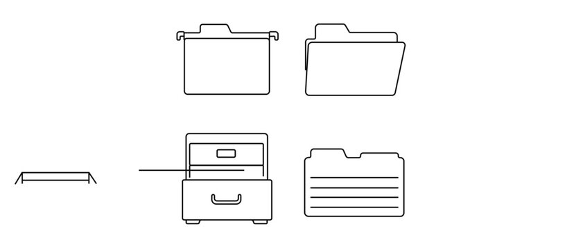 Professional collection of 4 icons with editable stroke depicting office filing systems like hanging tabs, manila folders, cabinet drawers, and index cards for efficient document storage.