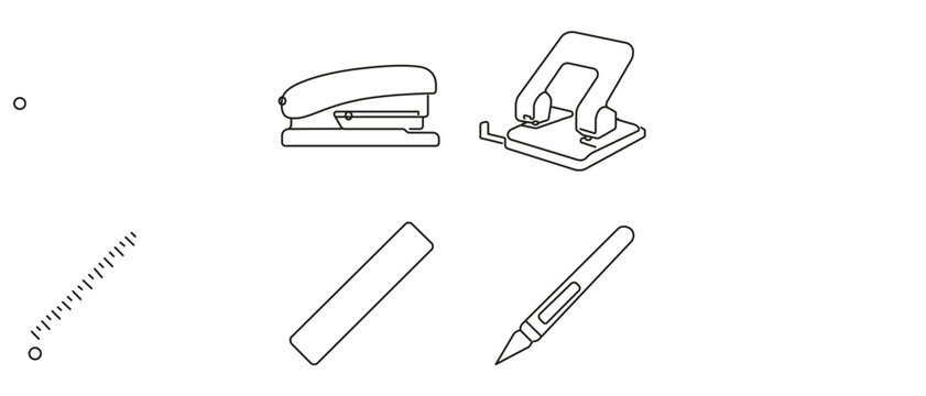 Professional vector icon set featuring essential office stationery including a heavy duty stapler, adjustable hole punch, steel ruler, and precision craft knife for workplace operations.