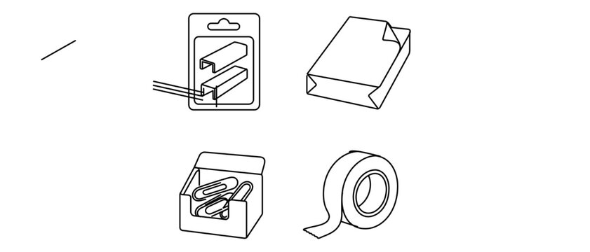 Collection of 4 icons illustrating office supply restocking with stapler refills, printer paper ream, paperclips box, and tape roll featuring an editable stroke for versatile design use.