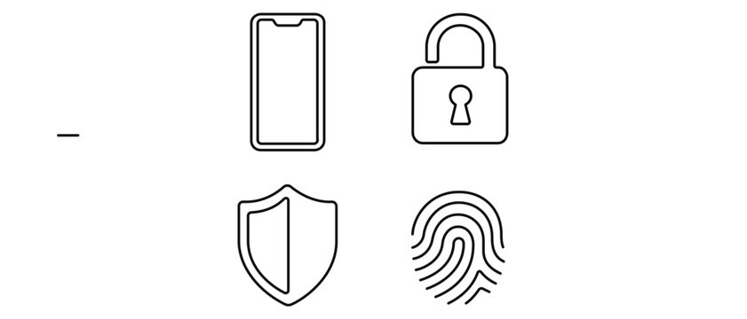 Advanced mobile device security vector icon set with editable stroke featuring a collection of 4 icons including smartphone with lock, shield protection, and biometric fingerprint scanning symbols.