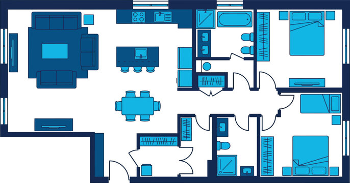 Moderner Grundriss einer Wohnung als Vektorgrafik, detaillierter Architekturplan mit M&ouml;beln in Blau, 2D Hausplanung f&uuml;r Immobilienmarketing