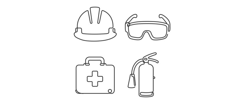 Safety first vector icon set for workplace training featuring a hard hat, goggles, first aid kit, and fire extinguisher with an editable stroke for adjustable line weight and thin line style.