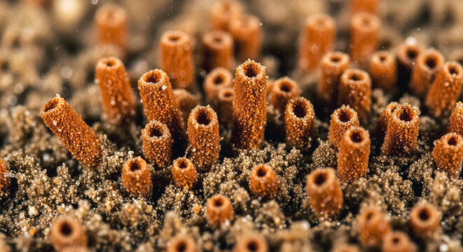 Macro Photography of Honeycomb Worm Tubes in a Sandy Coastal Environment representing Biological Complexity.