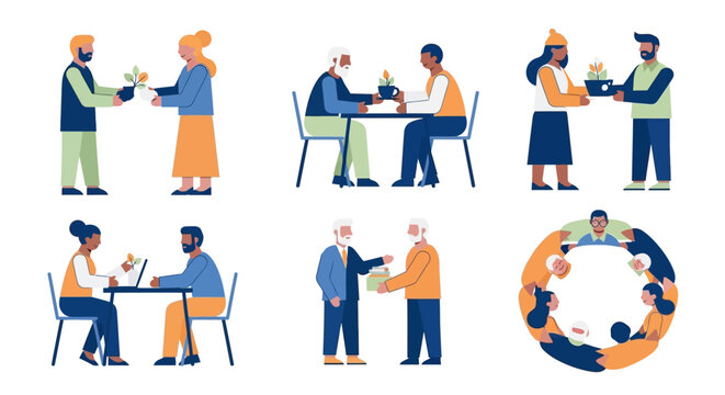 People interacting in business settings.