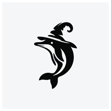 Whimsical mermaid dolphin witch silhouette illustration