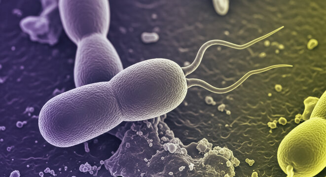 Microscopic Rod Shaped Bacteria with Flagella on an Organic Surface representing Microbiology and Infectious Disease Research