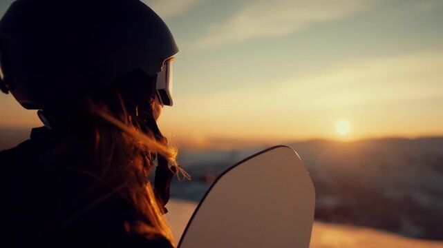 Inspired female snowboarder admiring sunset at top of mount, enjoy solitude. Young lady conquering summit and moving to dream, beautiful sun above horizon and mountains range, snowboarding and skiing