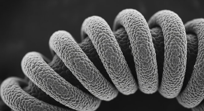 Microscopic spiral structure in a lab setting representing scientific research and complex biological patterns.