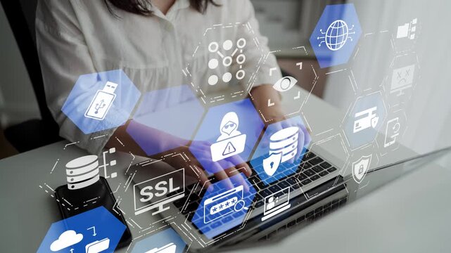 Data privacy and cyber security icons show encryption, data privacy safeguards, and cyber security defense. Data privacy ensures cyber security protection and access control. Funnel