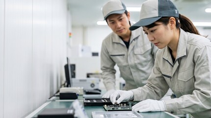 Naklejka premium 日本人製造業作業員の30代女性が精密機器の電子部品を基板に慎重に配置している横顔、後方で見守る男性エンジニアと清潔な工場の作業スペース