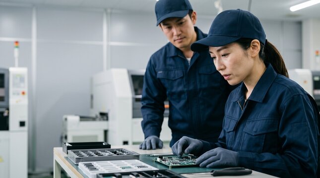 日本人製造業の30代女性がデスクで精密機器の電子部品を細かく点検している様子、傍らに立つ男性作業員と整理整頓された工場の検査スペース