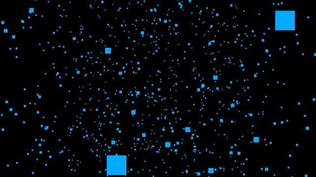Pixel rain of blue squares falling fast on a black background. Digital data flow animation in flat design style for tech projects, cyber security and motion graphics.