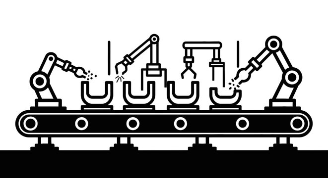 Industrial robotic arms on assembly line.