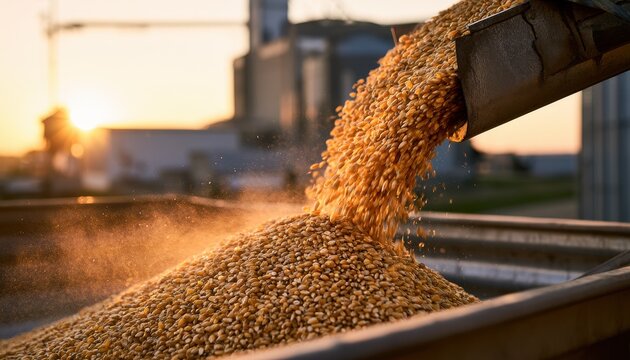 Golden corn kernels pouring from a metal chute into a large pile, illuminated by the warm glow of a sunset or sunrise in an agricultural setting with blurred silos in the background.