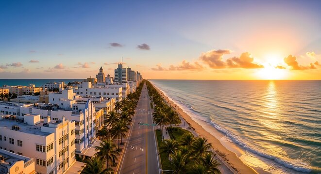 Aerial view of a coastal city at sunset with palm trees and beach