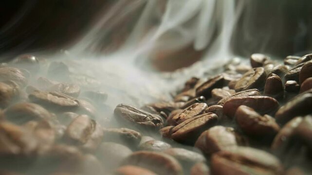Roasting coffee beans process with smoke rising in slow motion from freshly roasted seeds on dark background
