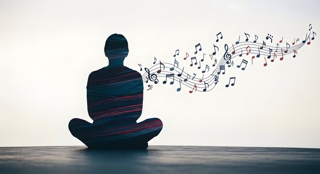 Person Meditating with Music Notes Floating Outward in a Flowing Pattern
