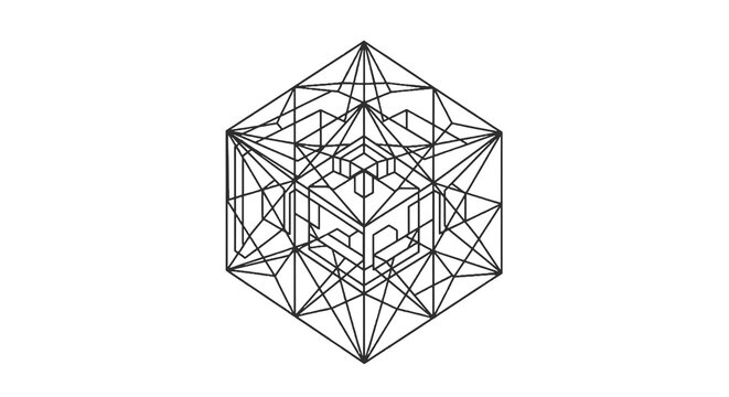 Geometric wireframe 3D cube structure model.