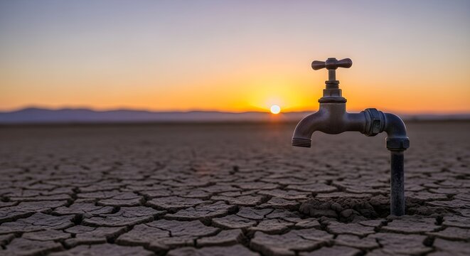 Water Faucet in Barren Cracked Earth During a Dramatic Sunset