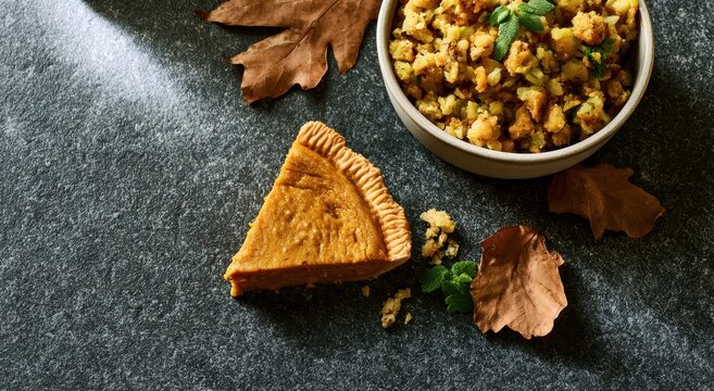 Single slice of pumpkin pie served next to a bowl of savory bread stuffing with dried autumn leaves on a dark textured stone surface in a top down overhead view