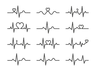 Obraz premium Heartbeat ecg ekg pulse line icons set with heart shapes