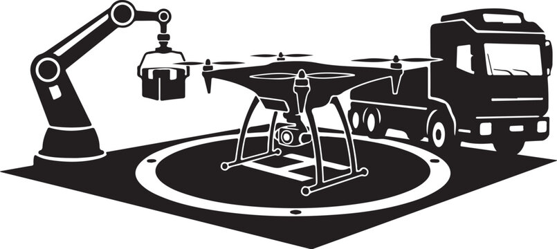 Drone, robotic arm, truck, industrial automation, vector icon set