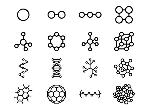 Set of chemistry and molecular structure icons isolated on white background