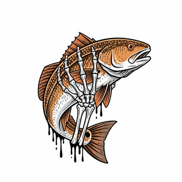 skeleton hand grabbing a jumping redfish fish vector illustration for apparel and logo design