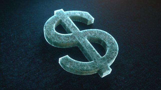 Dollar sign glows with a textured metallic finish against a deep dark background.