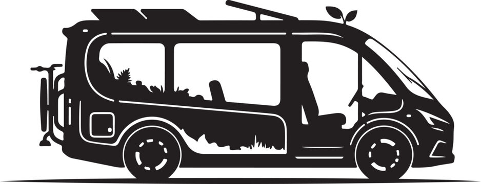 Black camper van, motorhome silhouette, RV icon, vehicle illustration