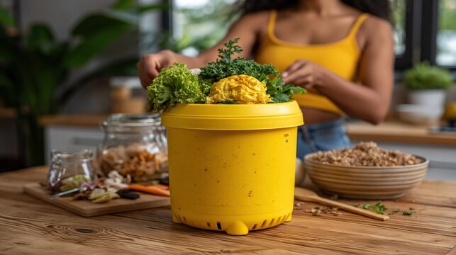 Woman prepares a fresh salad inside a yellow kitchen colander for a healthy meal.
