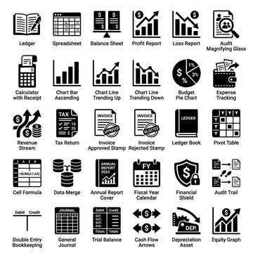 Black and white accounting finance icons set