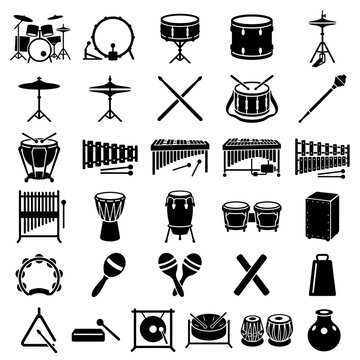 Collection of black musical percussion instrument icons