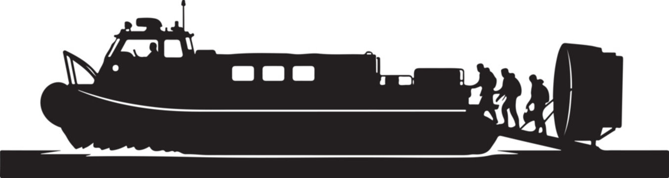 Black silhouette boat, people pulling cargo, industrial tugboat, vector graphic
