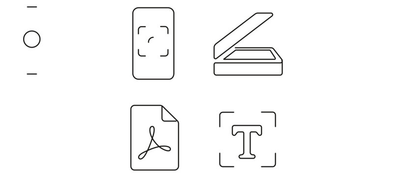 Comprehensive vector icon set featuring document scanning tools including phone camera scan, flatbed glass edge, and pdf file icon with editable stroke collection of 4 icons for office productivity.