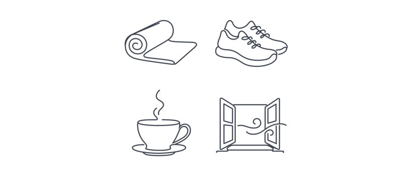 Comprehensive collection of 4 icons for remote work wellness including yoga mat, walking shoes, hot tea, and fresh air window, designed with an editable stroke for customizable minimalist graphics.