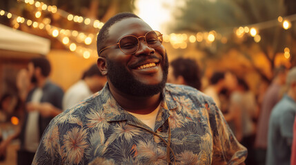 Fototapeta premium Plus size man smiling joyfully at outdoor party with festive lights