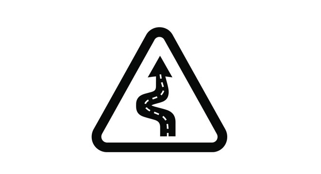 winding road sign icon black and white triangular warning symbol