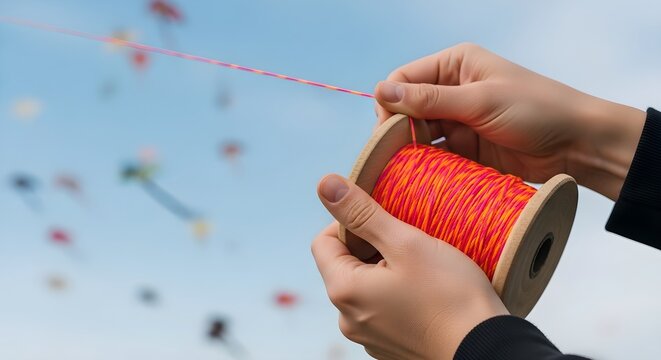Hands Holding a Wooden Spool of Orange String for Flying Kites in the Sky