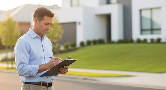 Real Estate Agent Inspecting Property While Taking Notes on Clipboard
