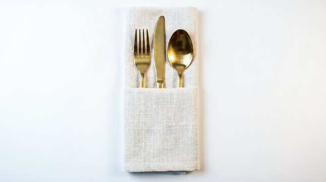 Golden cutlery set including fork knife spoon placed inside folded beige linen napkin top view flat lay elegant dining table setting white background