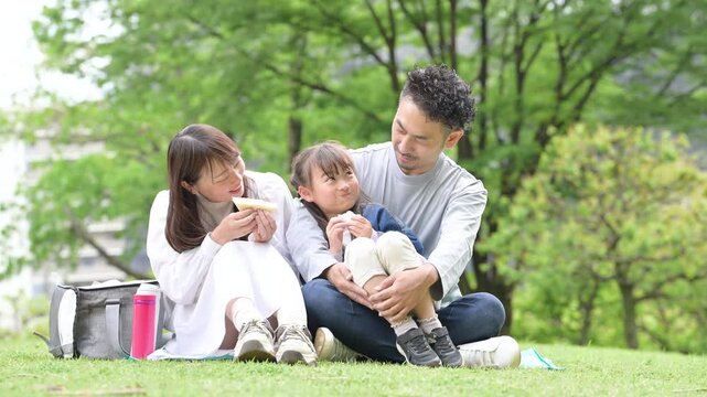 新緑の公園でランチを楽しむ仲良しファミリー(家族)の笑顔、休日やお出かけ、レジャーなどのイメージ全身動画