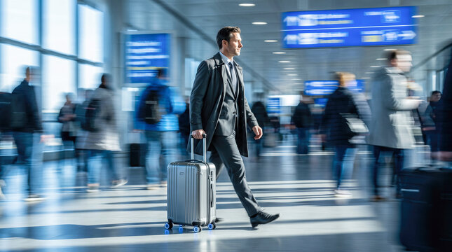 Handsome mature corporate businessman wearing elegant dark suit walking rapidly through modern crowded airport terminal building, pulling silver suitcase among blurry 