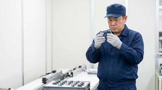 日本人製造業の40代男性作業員が精密機器の電子部品を手に取り真剣に目視点検している工場の様子、清潔な製造現場と背景のコピースペース