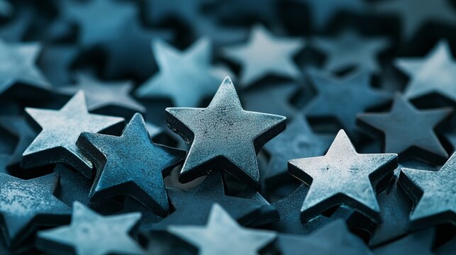 Textured blue five pointed stars arranged in a group to represent quality and high rating excellence